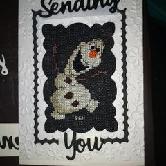 Homemade x-stitched card:- FROZEN Olaf