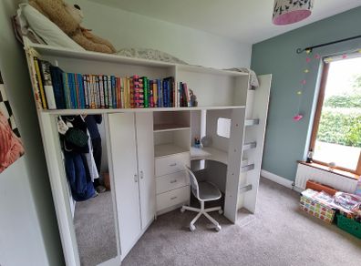 High Sleeper bed, chest of drawers, IKEA storage box