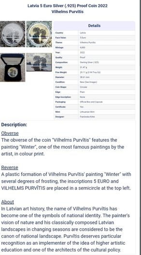 155 Euro   Latvia 5 Euro Silver (.925) Proof Coin 2022 - Vilhelms Purvitis