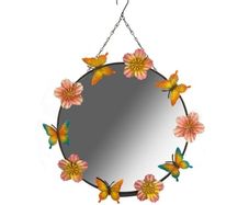 Ornate Round Garden Mirror with Butterfly