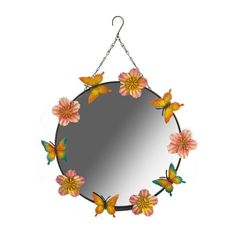 Ornate Round Garden Mirror with Butterfly