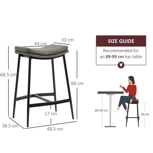 Breakfast Bar Stools Set of 2, Microfibre Upholstered Barstools, Industrial Bar Chairs with Curved Seat and Steel Frame for Dining Room, Kitchen, Grey