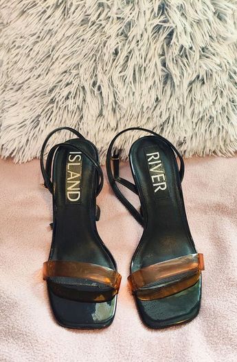River Island Black Heels with Orange Strap & Acrylic Flared Heel Size UK 6 / EU 39