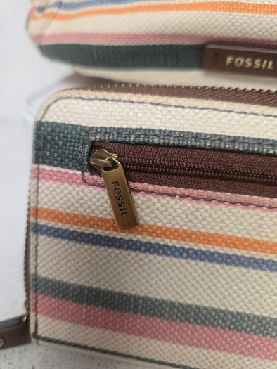 Fossil Striped Canvas & Leather Hobo Bag + Matching Zip Wallet Set