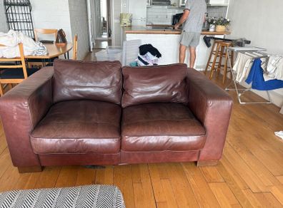 Brown Leather Couch and Footstool