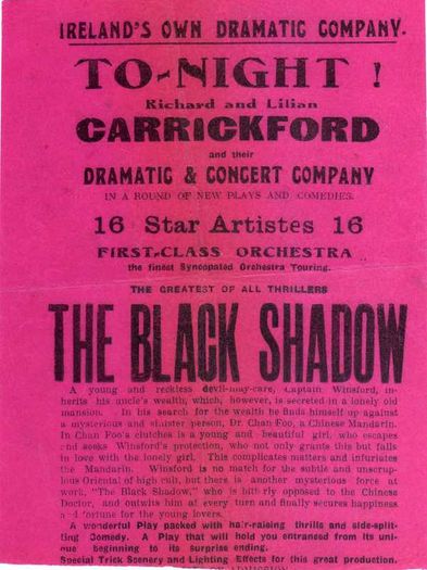 Promotional Leaflet For "the Black Shadow" Acted By Ireland's Own Dramatic Company Richard & Lilian Carrickford - Dramatic & Concert Group