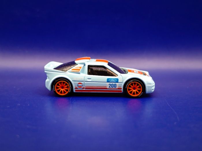 Hot Wheels Ford RS200 with custom wheels.
