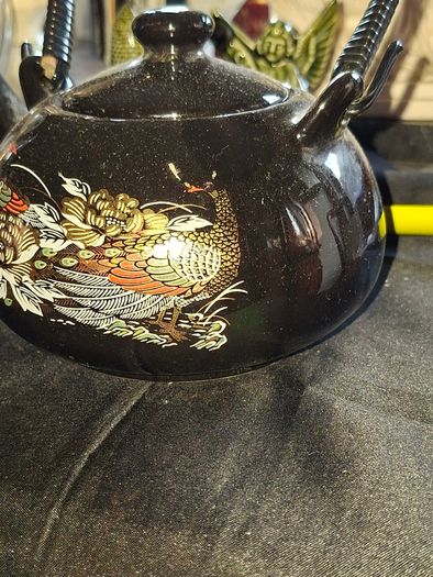 Chinese Porcelain Teapot peacock and floral patterns with gold black braided wicker or bamboo style handle, Postage Available or Collection
