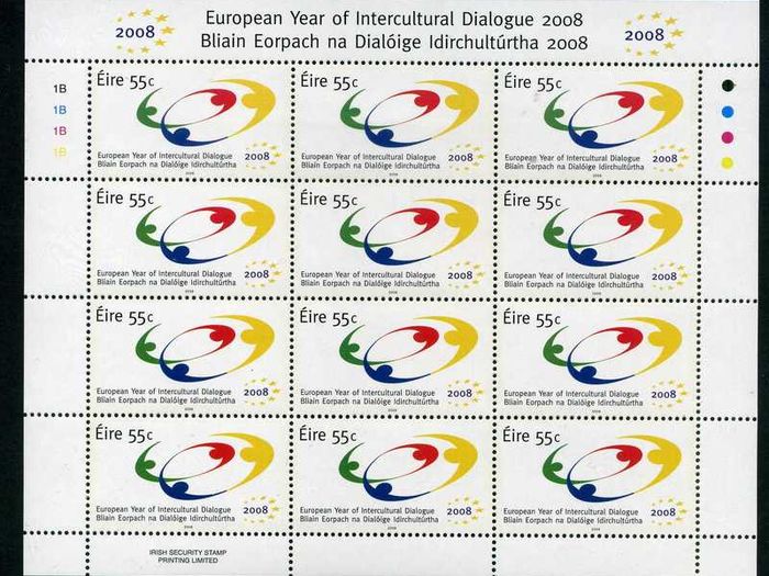 2008 Ireland European Year of Intercultural Dialogue Commemorative Stamp Sheetlet Plate 1B1B1B1B Mint Never Hinged (MNH)