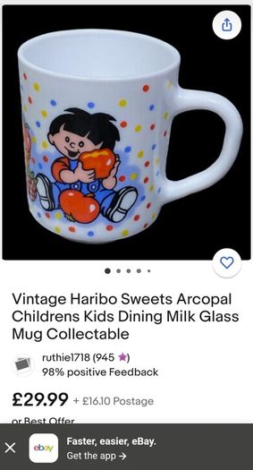 Vintage Rare Collectable Arcopal France Childrens Milk Glass Dining Set with Haribo Sweets Motifs, Consisting of A Mug, Cereal Bowl and 20cm Plate, circa 1970