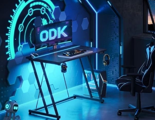 Gaming Desk with LED Lights, Gaming Table with Cup Holder and Headphone Hook, Double Z Frame Design Computer Desk, Carbon Fiber Black 100 cm