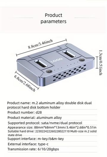 USB3. 2 Dual Disk NVME/SATA Dual Protocol Hard Drive Enclosure, Basic Offline Cloning and Copying Machine, Convenient External Storage, Quick Switching, Office Assistant, Suitable as a Gift, Data Cloning Machine, Fast File Transfer, Stylish Storage