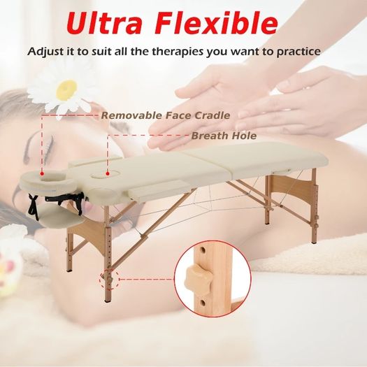 Portable Massage Bed, Foldable Spa Beauty Massage Table with 2 Sections, Carry Bag and Wooden Frame, Cream White
