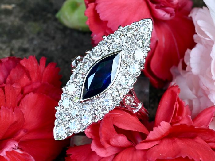 Large Antique Sapphire & Diamond Marquise Ring