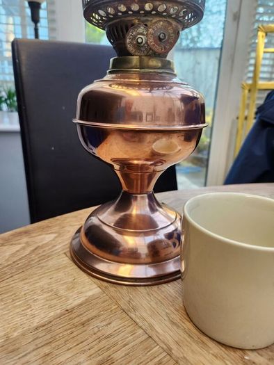 Victorian duplex copper oil lamp. Working.  Polished