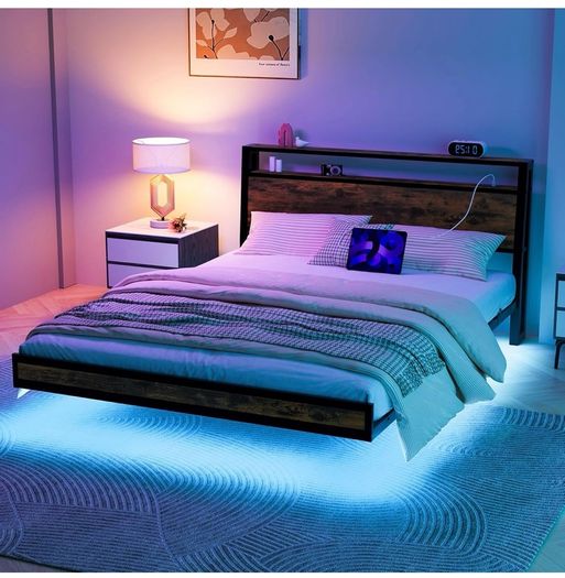 Floating Bed Frame King Size with Charging Station and LED Lights, Wood Headboard with Storage Shelves
