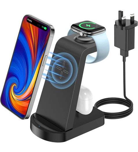 3 in 1 Wireless Charging Station, Wireless Charger for iPhone 14/14 Plus/14 Pro/13/12/11, Wireless Charging Stand Dock for Apple Watch 8/Ultra/7/6/SE, AirPods 3/2/1/pro (with Adapter), Black