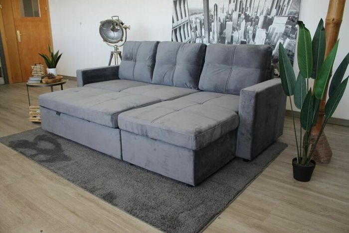 Grey velvet Corner Sofa Bed with Storage 215cm