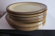 Vintage  1970s Granville design TG Green retro stoneware glazed plates. The plates are as follows- six 10.5" plates (4 in very good condition; 2 have very minor scrapes)--six 9.5" plates ( 3 in very good condition ; 1 chip on base; 2 marks on front and ch