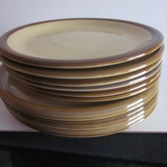 Vintage  1970s Granville design TG Green retro stoneware glazed plates. The plates are as follows- six 10.5" plates (4 in very good condition; 2 have very minor scrapes)--six 9.5" plates ( 3 in very good condition ; 1 chip on base; 2 marks on front and ch