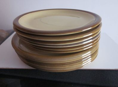 Vintage  1970s Granville design TG Green retro stoneware glazed plates. The plates are as follows- six 10.5" plates (4 in very good condition; 2 have very minor scrapes)--six 9.5" plates ( 3 in very good condition ; 1 chip on base; 2 marks on front and ch