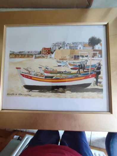 Vintage Algarve Framed Print. Portugal Harbour. Fishing Boats with gold Frame.