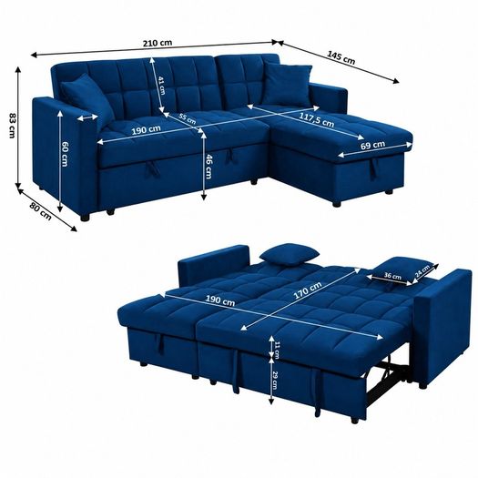 Kris Black Sofa Bed, Reversible Chaise & Storage