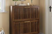Shoe Storage Cabinet with 2 Flip Slatted Drawers, Narrow Wood Shoe Cabinet with Gold Handle, Hidden Entryway Shoe Organizer for Hallway, Foyer, Walnut