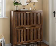 Shoe Storage Cabinet with 2 Flip Slatted Drawers, Narrow Wood Shoe Cabinet with Gold Handle, Hidden Entryway Shoe Organizer for Hallway, Foyer, Walnut