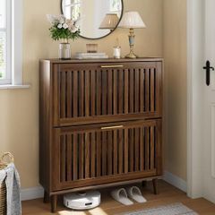 Shoe Storage Cabinet with 2 Flip Slatted Drawers, Narrow Wood Shoe Cabinet with Gold Handle, Hidden Entryway Shoe Organizer for Hallway, Foyer, Walnut