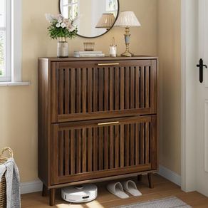 Shoe Storage Cabinet with 2 Flip Slatted Drawers, Narrow Wood Shoe Cabinet with Gold Handle, Hidden Entryway Shoe Organizer for Hallway, Foyer, Walnut