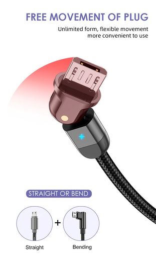USLION 2M Micro USB QC 3.0-2.0 3A 180 Rotate+LED Cable Fast Charging & Data Sync Nylon Braided Cable (Brand New/Warranty)