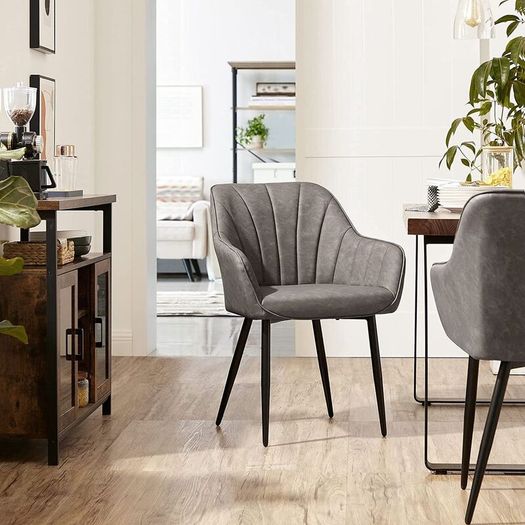 Set of 2 Grey Dining Chairs with Armrests Quilted PU Upholstered Kitchen & Dining Room Chairs