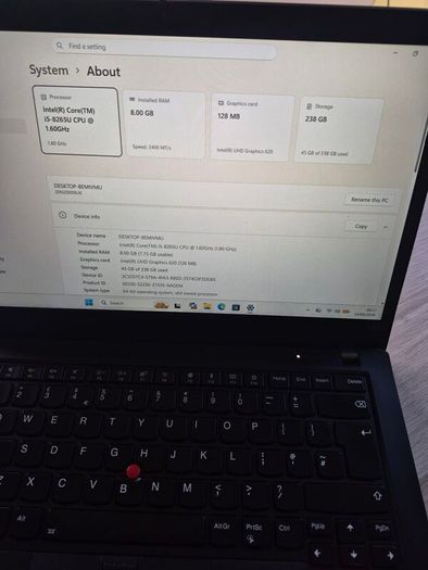 Lenovo Thinkpad T490,i5 8th gen,8gb, 256ssd, 14"FHD Screen, windows 11