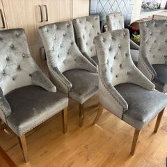 x6 Luxury Plush Silvery Grey Crushed Velvet Dining Chairs with Knocker and Chrome Legs