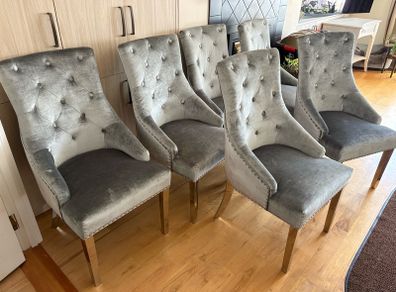 x6 Luxury Plush Silvery Grey Crushed Velvet Dining Chairs with Knocker and Chrome Legs