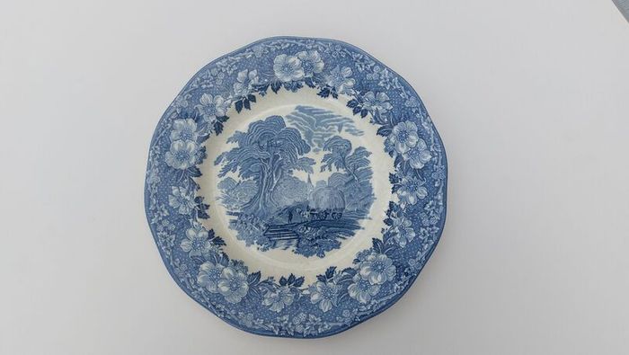Lovely Vintage Blue and White 7.75 Inch Luncheon Plate By Enoch Wedgwood (Tunstall) Ltd, in the Lovely Cottagecore Style Woodland Pattern, Some Crazing