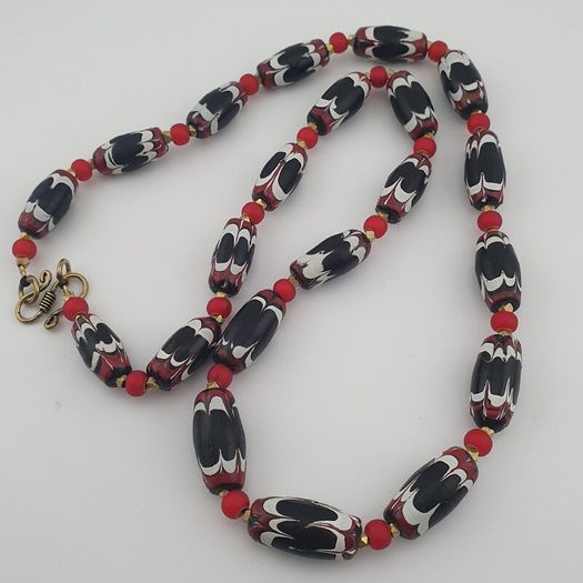 Antique Venetian Style Black Trade & Red Venetian Whiteheart Glass Beads Necklace