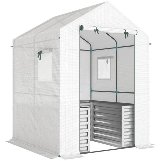Tomato Greenhouse Film Greenhouse with Raised Bed Roll-up Door Window Sloped Roof 141 x 141 x 190 cm White