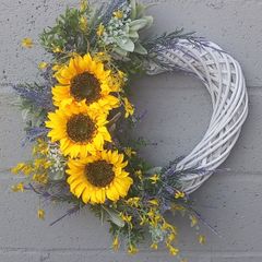 55cm white wicker heart wreath with sunflowers