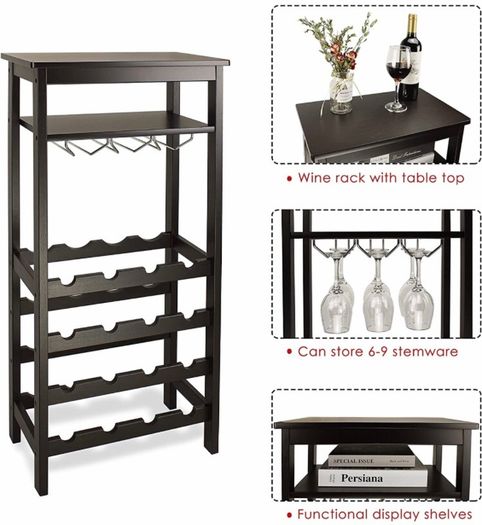 Wine Rack with Glass Holder & Table Top, 16 Bottles Storage, Floor Free Standing Bamboo Display Shelves for Home, Kitchen, Pantry, Cellar, Bar (MULTIPLE COLOURS)