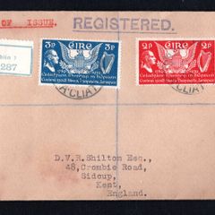 1939 Ireland US Constitution (150th Anniversary) Commemorative Stamps First Day Cover (FDC) with Baile Atha Cliath (Dublin) Cancel and Dublin Registered label No 287. Noted multiple  cancel on the reverse.