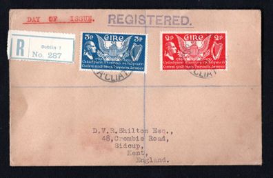 1939 Ireland US Constitution (150th Anniversary) Commemorative Stamps First Day Cover (FDC) with Baile Atha Cliath (Dublin) Cancel and Dublin Registered label No 287. Noted multiple  cancel on the reverse.