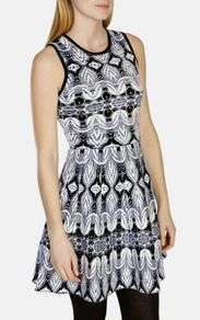Karen Millen Black Blue Jacquard Fit Flare Knit Dress