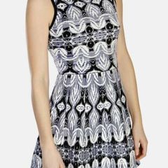 Karen Millen Black Blue Jacquard Fit Flare Knit Dress