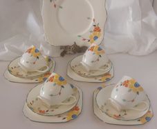 Fabulous Vintage Part Teaset/Coffee Set for Four by R H & S L Plant Tuscan Bone China in a Fabulous Multicoloured Handpainted Floral Pattern, Pattern No. 2209 A, Circa 1936-1947