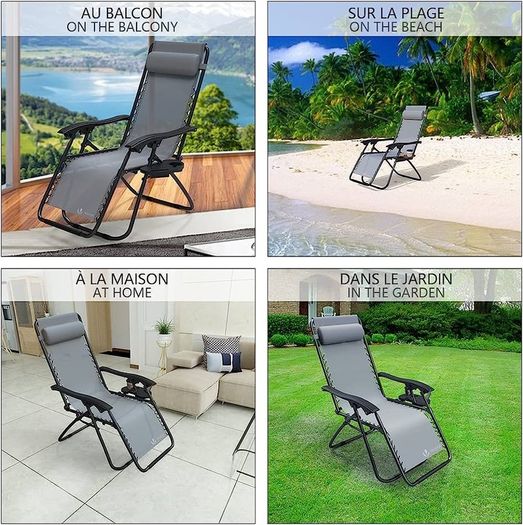 Zero Gravity Chair, Folding Sun Loungers, Recliner Garden Chairs, Outdoor Deck Chairs with Cup and Phone Holder, Grey (FREE SHIPPING)