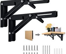 Folding Shelf Brackets 25cm, 2 pcs Heavy Duty Folding Shelf, Foldable Desk Brackets, Metal Black Triangle Wall Shelf Space Saving, Max Load 50kg, for DIY Book Shelf
