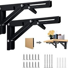 Folding Shelf Brackets 25cm, 2 pcs Heavy Duty Folding Shelf, Foldable Desk Brackets, Metal Black Triangle Wall Shelf Space Saving, Max Load 50kg, for DIY Book Shelf