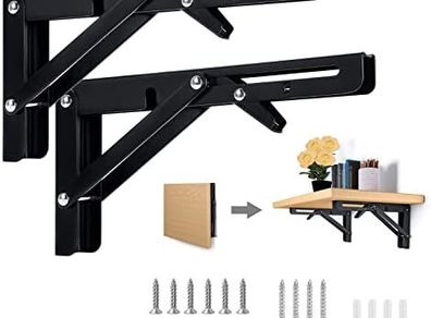Folding Shelf Brackets 25cm, 2 pcs Heavy Duty Folding Shelf, Foldable Desk Brackets, Metal Black Triangle Wall Shelf Space Saving, Max Load 50kg, for DIY Book Shelf